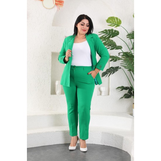 Costum Dama Marime Mare Din 2 Piese cu Pantaloni Si Sacou Verde