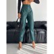 Pantaloni Din Piele Ecologica Gianna Verde Cu Pliuri In Talie